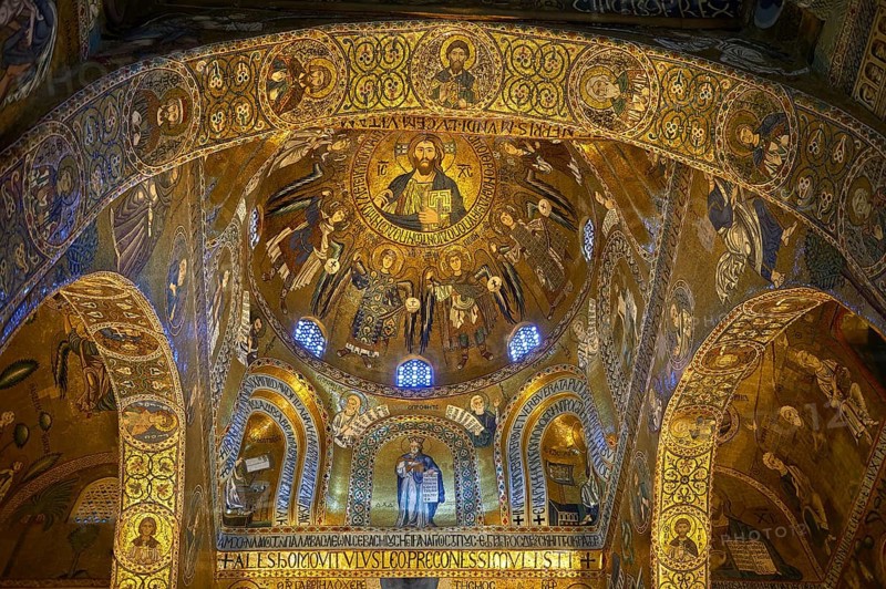 Medieval Byzantine style mosaics of the main aisle & dome of the Palatine Chapel, Cappella Palatina, Palermo, Italy, Europe