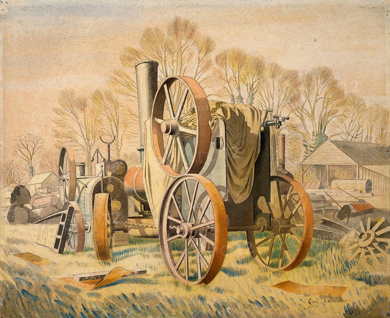Agriculture, old tractor, machine, in the field, Painting by Eric William Ravilious (22 July 1903) (2 September 1942), Historic, digitally restored reproduction from an original of the period