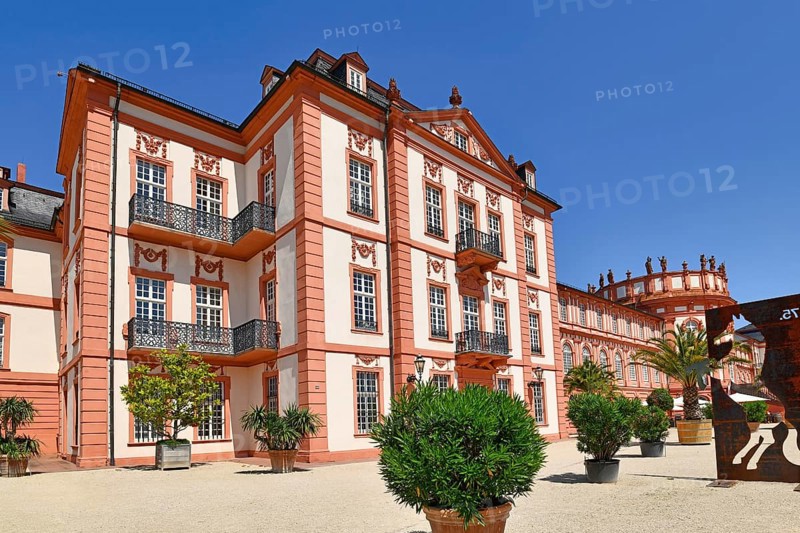 Wiesbaden, Germany, July 2021: Part of baroque palace called 'Schloss Biebrich', a ducal residence built in 1702 in Wiesbaden in Germany, Europe