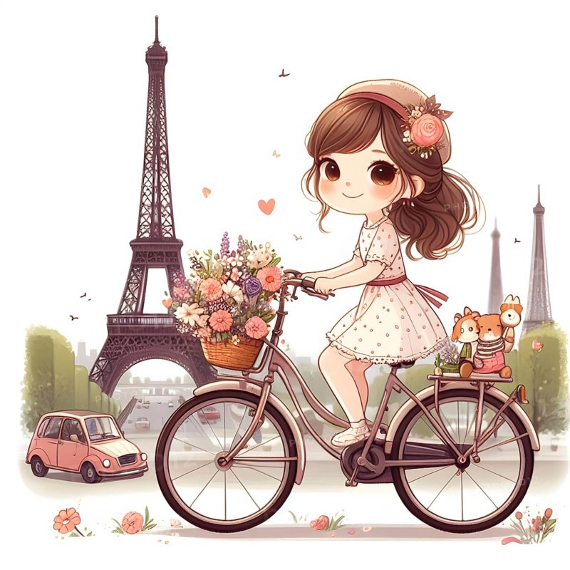 Cute anime girl on bicycle with flowers in Paris. AI generated