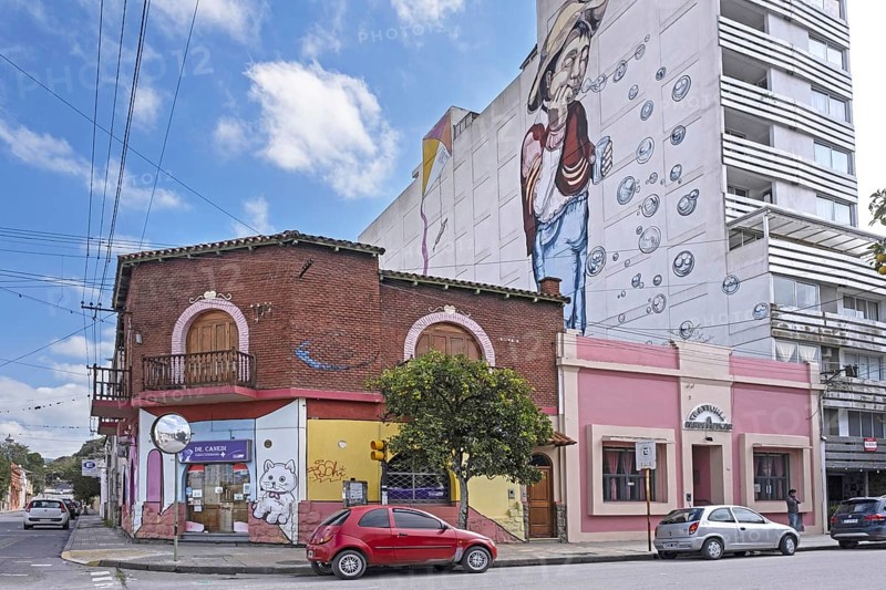 Giant wall painting on apartment's side and graffiti artwork in the city San Salvador de Jujuy, Jujuy Provence in Northern Argentina