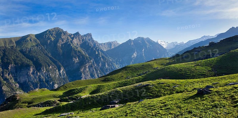 Panorama of Himalayas mountains. Kullu Valley, Himachal Pradesh, India, Asia