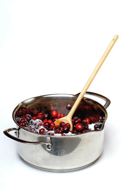 Cranberries with sugar (Vaccinium macrocarpon) , cranberry, wooden spoon, cooking spoon, granulated sugar, cooking pot, pot