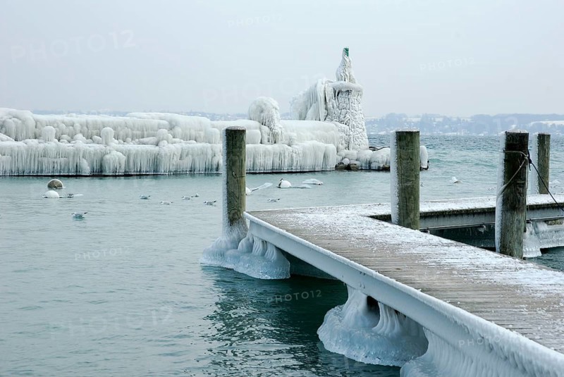 Iced port entrance, ice layer, ice shield, Lake Geneva, Versoix, Canton Geneva, Switzerland, Europe