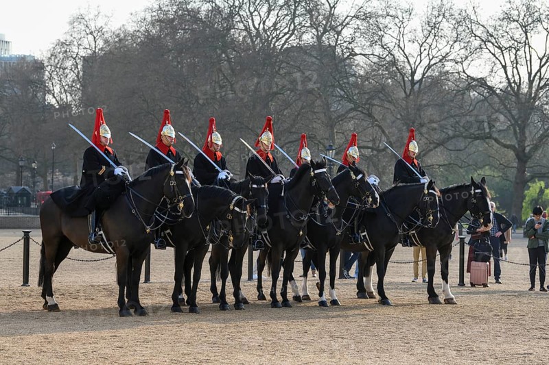 Parade of Horse Guards, soldiers of the Household Cavalry Mounted Regiment, White Hall, Westminster, London, England, Great Britain