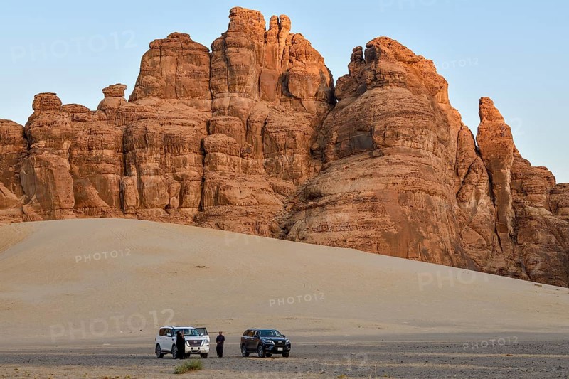 Tourists on a jeep safari in the Ashar Valley, near AlUla, Medina Province, Saudi Arabia, Arabian Peninsula, Asia