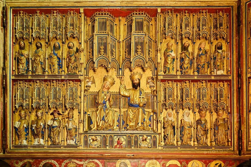 Crowning of the Virgin Mary in the centre of the late Gothic carved high altar, originally the main altar of the Georgenkirche, today set up in the Nikolaikirche and the largest of its kind in the entire Baltic region, Hanseatic City of Wismar, Mecklenburg-Western Pomerania, Germany, Europe