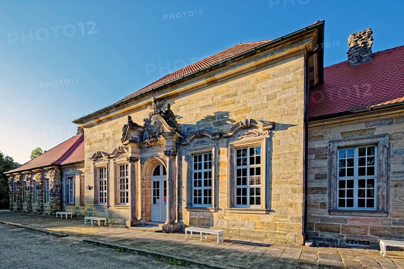 Old castle, summer palace, summer residence, four-winged building, entrance portal, Hermitage, historic park, landscape park, Rococo, built from 1715 under Market Count Georg Wilhelm, Eremitage district, Bayreuth, Upper Franconia, Franconia, Bavaria, Germany, Europe