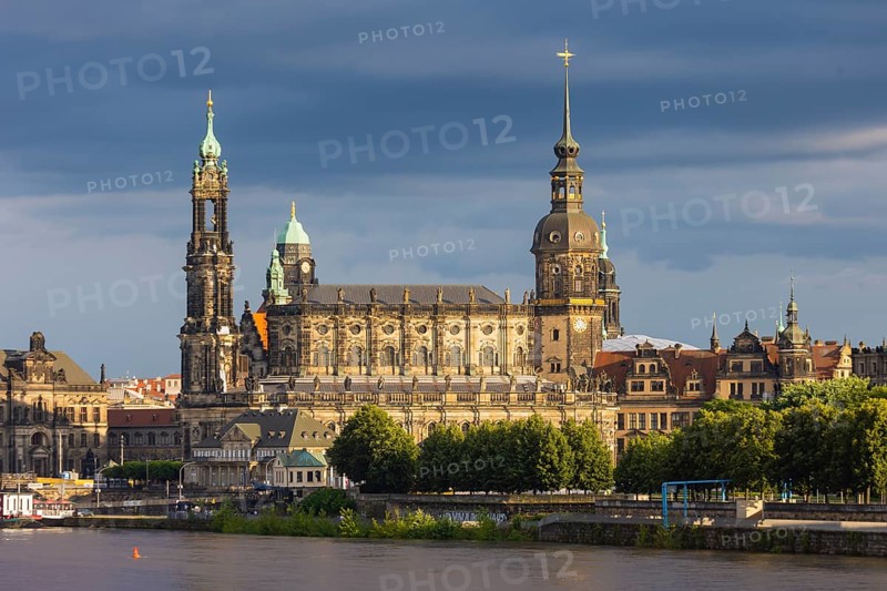 Dresden's old town silhouette in the summer sunlight, the Elbe is slightly flooded after heavy rainfall