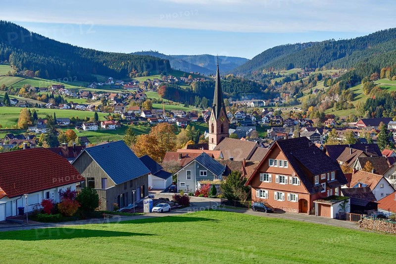 View of Baiersbronn with St. Mary's Church, Freudenstadt district, Black Forest, Baden-Württemberg, Germany, Europe