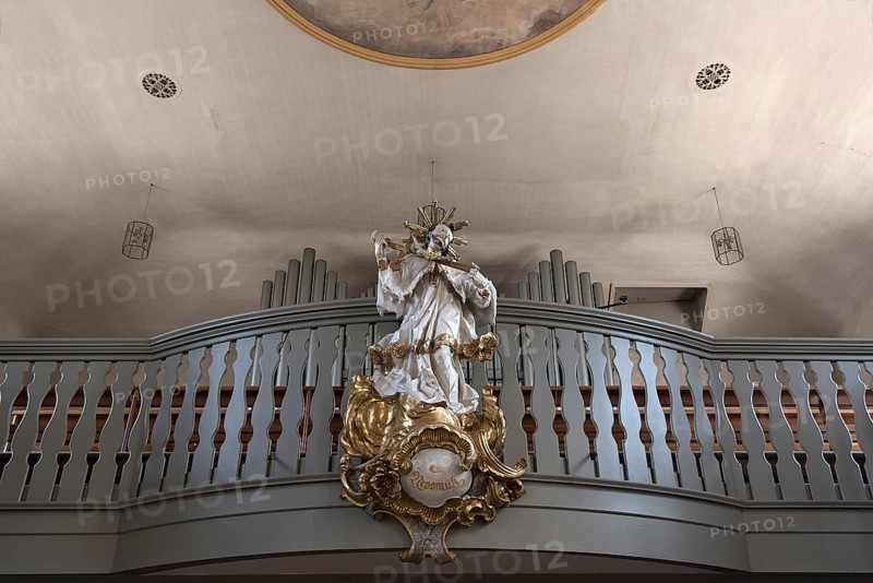 Figure of St. Nepomuk in front of the organ loft in the parish church of St. James the Elder, built 1757-1792, Viereth-Trunstadt, Lower Franconia, Bavaria, Germany, Europe