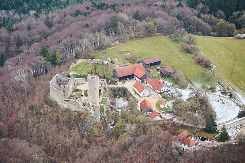 Aerial view of the area around Neumarkt and the castle ruins of Wolfstein, Upper Palatinate, Bavaria, Germany, Europe