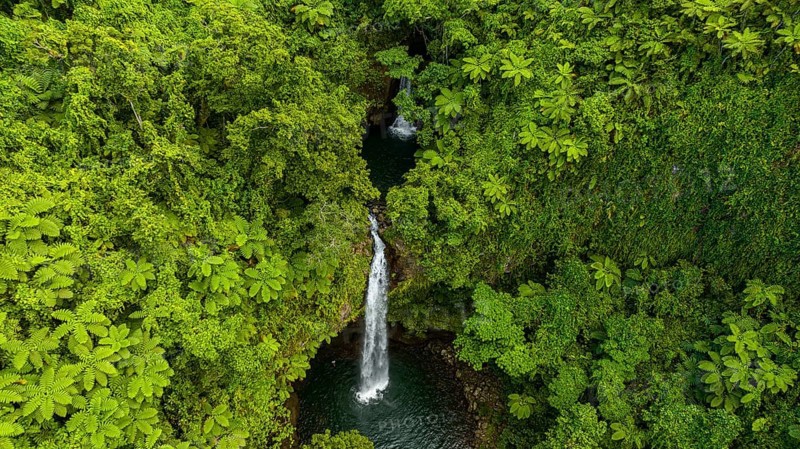 Aerial of the Tavoro Falls, Bouma National Park, Taveuni, Fiji, South Pacific, Oceania