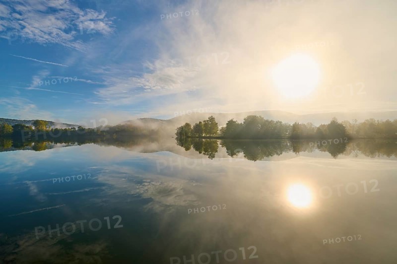Lake, reflection, sky, clouds, fog, sunrise, autumn, Freudenberg, Odenwald, Baden-Württemberg, Germany, Europe