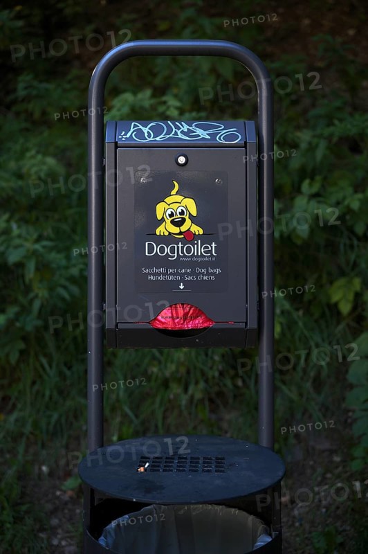 Dog excrement bag dispenser, Ortisei, Val Gardena, Trentino, South Tyrol, Italy, Europe
