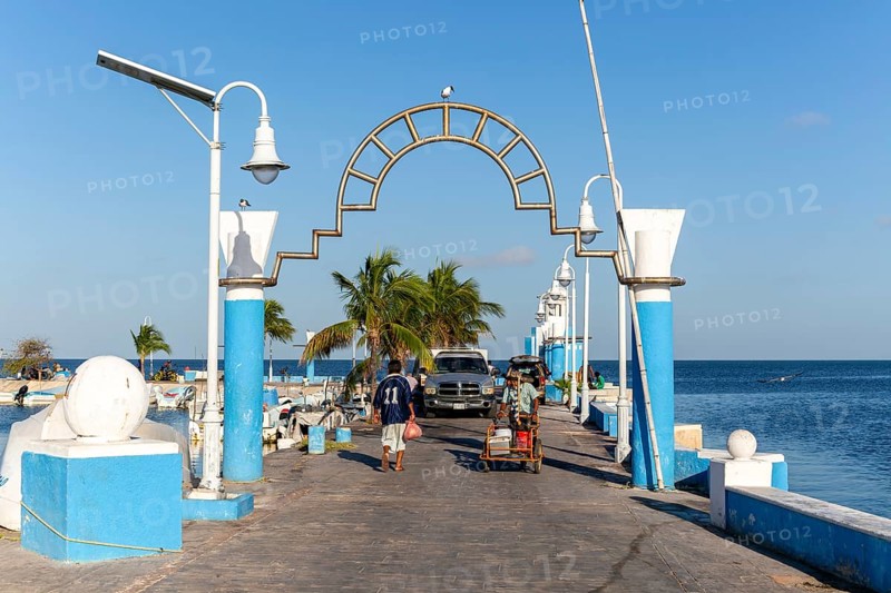Modern archway at entrance to fishing port harbour, Campeche city, Campeche State, Mexico, Central America