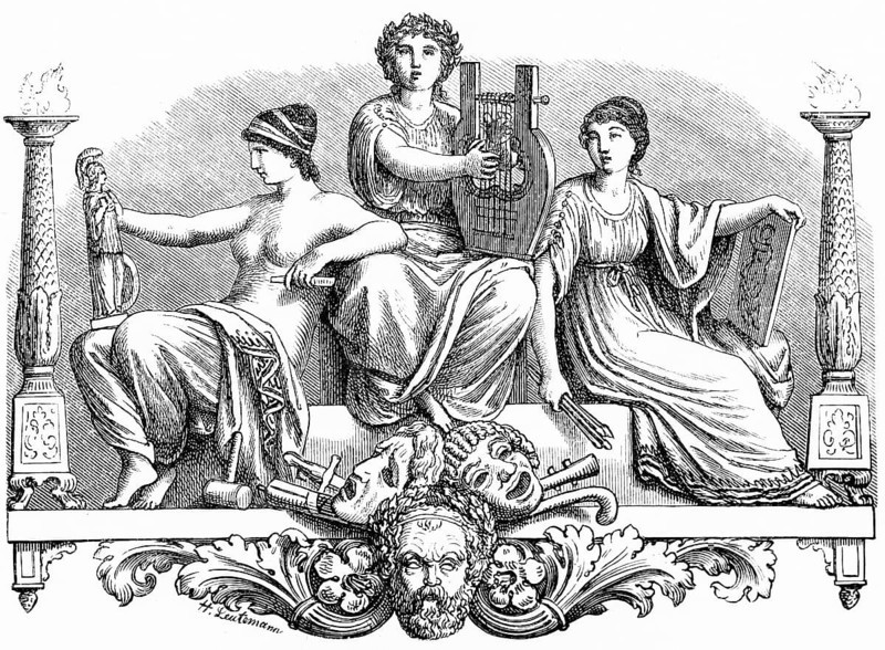 Introductory Emblem to Significant Women of the Past, Scenes of Mythology, Stringed Instrument, Lyre, Columns, Incense, Heads, Ornaments, Robes, Symbolism, Loorbe Wreath, Sitting, History, Historical Illustration 1894