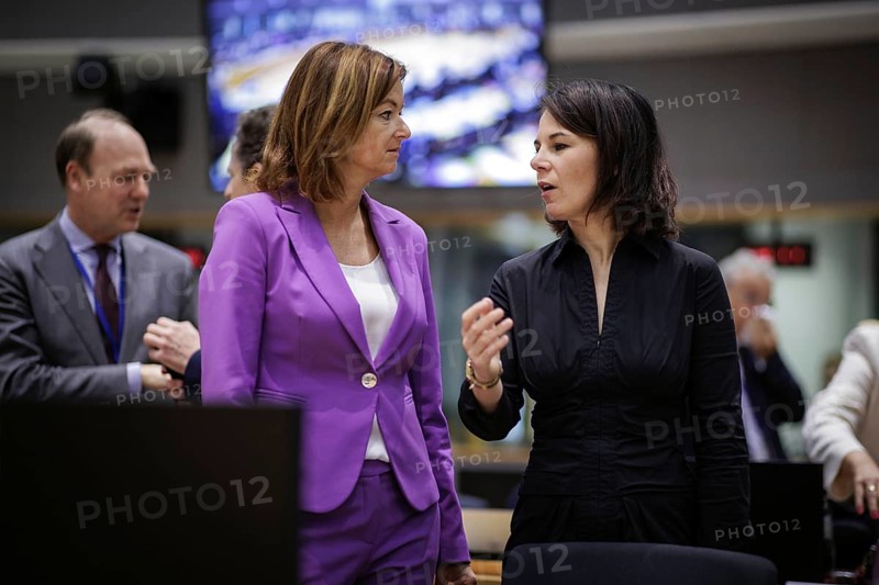 (R-L) Annalena Bärbock, Federal Minister of Foreign Affairs, recorded in conversation with Tanja Fajon, Minister of Foreign Affairs of Slovenia, in front of a working meeting of EU Foreign Ministers Brussels, 20.07.2023., Brussels, Belgium, Europe