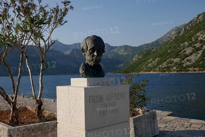 Monument to Frano Alfirevic on the Island of the Rock, Gospa od Skrpjela, artificial island, World Natural and Cultural Heritage, Bay of Kotor, Mediterranean Sea, Adriatic Sea, Kotor, Montenegro, Europe