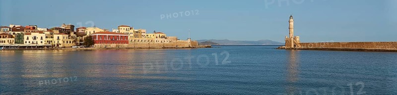Panorama shot, Venetian old town, Venetian harbour, Venetian lighthouse, calm sea, blue sea, grey-blue sea, blue cloudless sky, Chania, West Crete, island of Crete, Greece, Europe