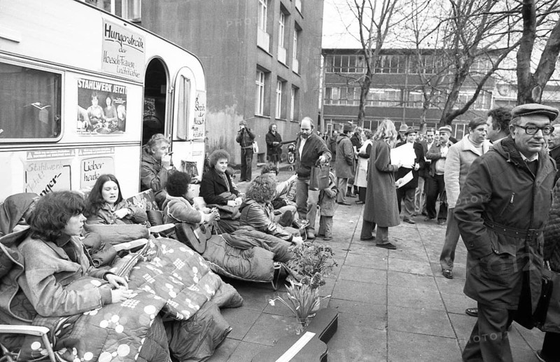 In a hunger strike to secure the jobs of steelworkers at Hoesch AG, some of their wives settled down and demanded that the company build a new steel plant, Germany, Europe
