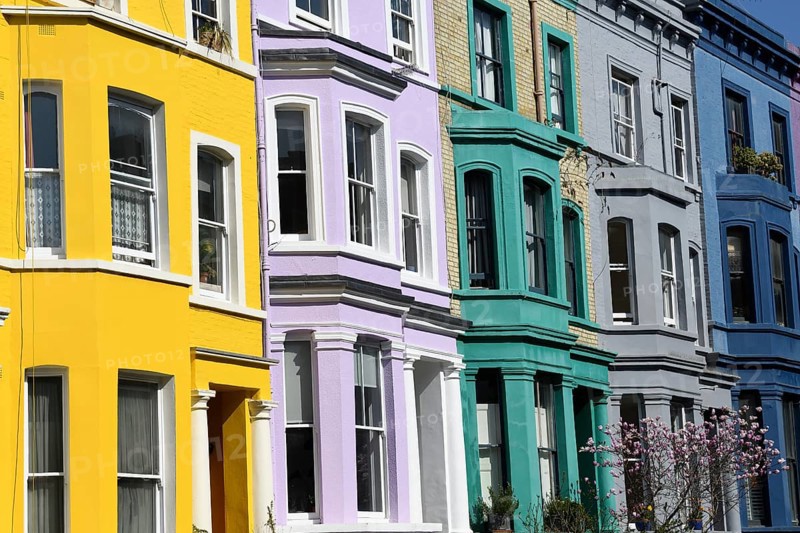 Colourful house facades on Lancaster Road, detail, Notting Hill, London, England, United Kingdom, Europe