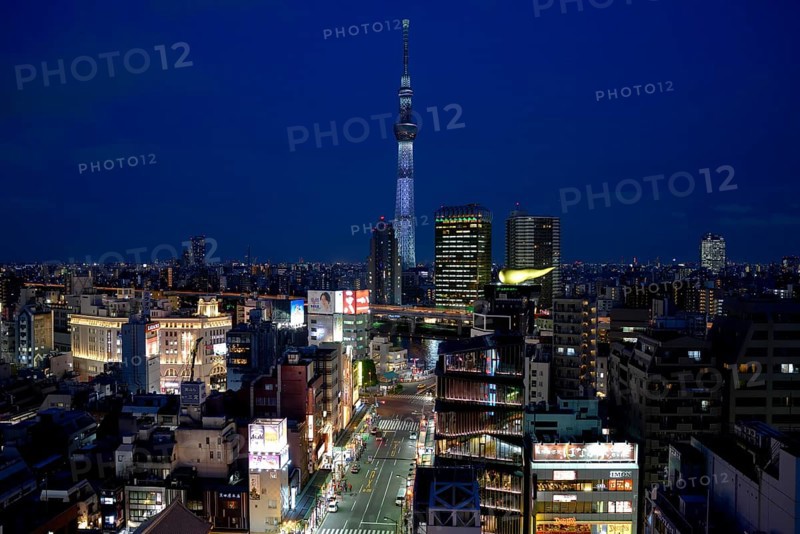 City view with the Skytree, with 634 meters the highest television tower of the earth, blue hour, Tokyo, Japan, Asia