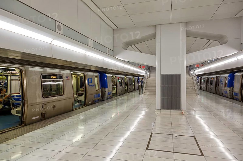 PATH Port Authority Trans-Hudson commuter train at the World Trade Centre WTC station in New York, USA, North America