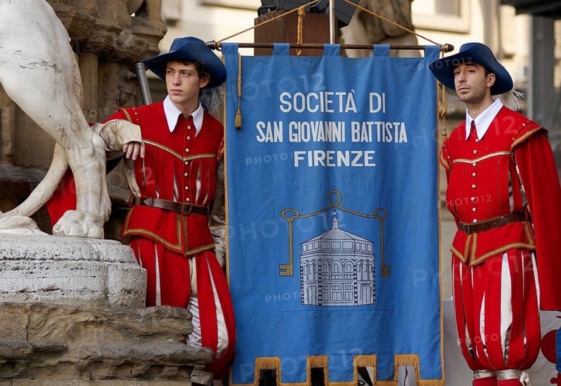Two Young Men in Florentine Renaissance Costume of the Sosietà di San Giovanni Battista Firenze, Florence, Tuscany, Italy, Europe