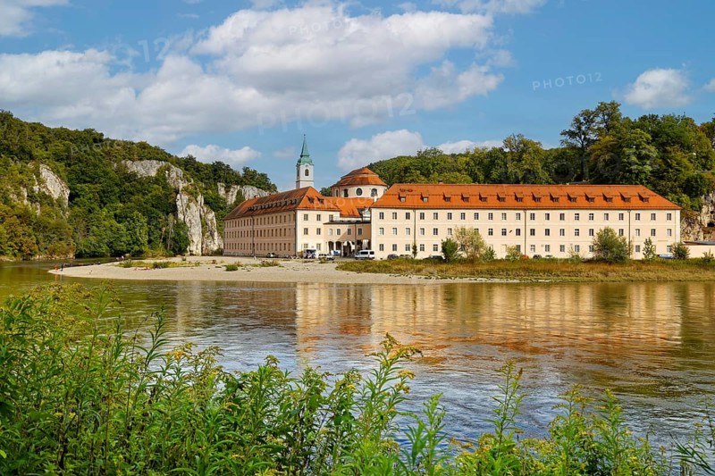 Weltenburg Monastery, Benedictine Abbey of St. George, near the Danube breakthrough, also known as the Weltenburg Narrows, in a Danube loop in Weltenburg, district of Kelheim on the Danube, Lower Bavaria. Bavaria, Germany, Europe
