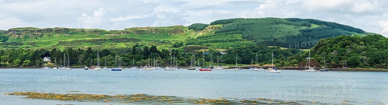 Panorama of Boats in Ardentallan Bay, Loch Feochan, Oban, Argyll and Bute, Scotland, UK