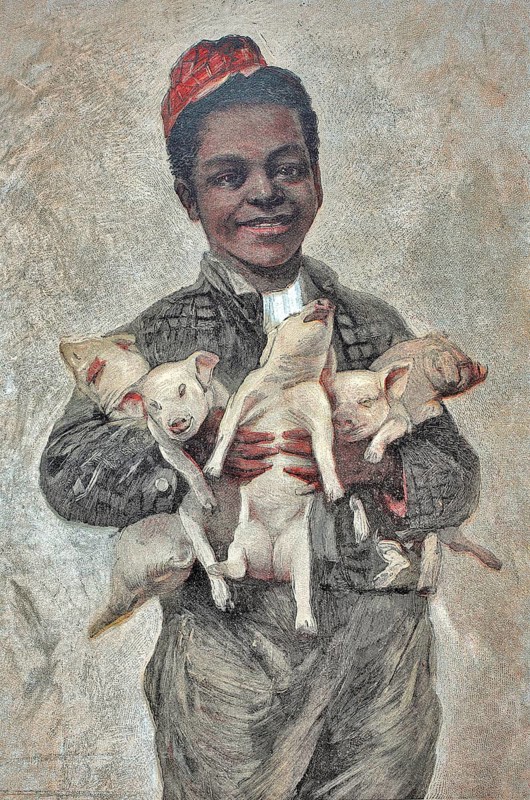 Negro boy with piglets for good luck. Art supplement in the Zur Guten Stunde 1897, after a painting by Alfred Schwarz, I congratulate you, Historic, digitally restored reproduction of a 19th century original, exact original date unknown