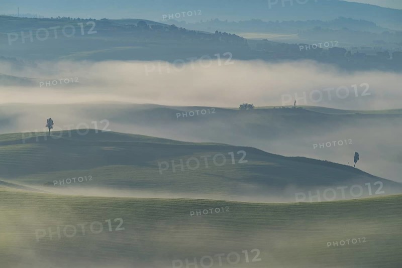 Landscape at sunrise around Volterra, province of Pisa, Tuscany, Italy, Europe