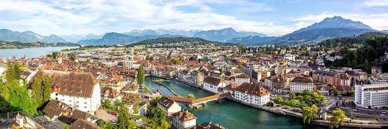Lucerne city on the river Reuss with Spreuerbrücke and Lake Lucerne panoramic view from above in Lucerne, Switzerland, Europe