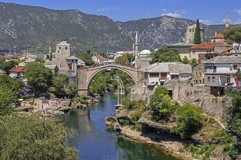 Stari Most, 16th-century Ottoman bridge over river Neretva in the old historic city Mostar, Herzegovina-Neretva Canton, Bosnia and Herzegovina, Europe