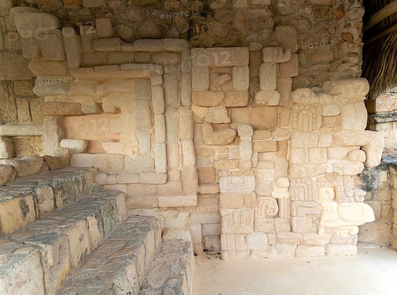 Elaborate stone carvings at Mayan archaeological site, Ek Balam, near Valladoid, Temozón, Yucatán, Mexico, Central America