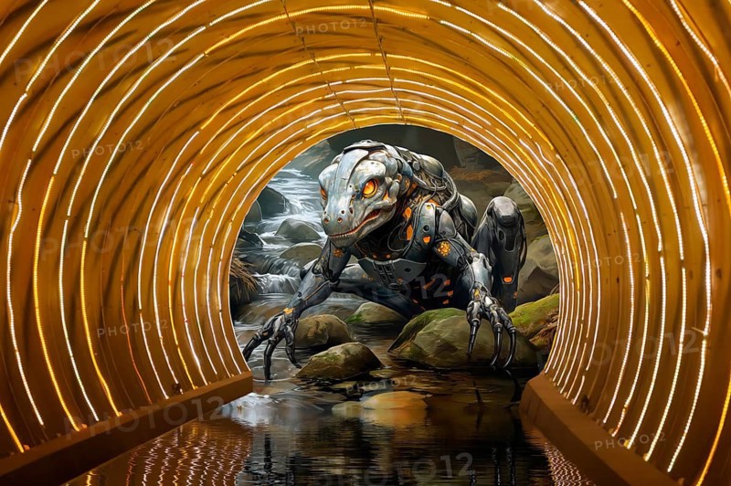 Giant salamander entering a flooded tunnel, AI generated