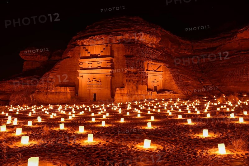 Illuminated Nabataean tombs at night, Hegra or Mada'in Salih, AlUla region, Medina province, Saudi Arabia, Arabian Peninsula, Asia
