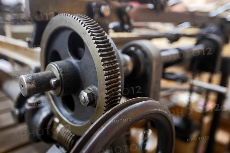 Detroit, Michigan, Detail of a printing press at Amos Kennedy's letterpress printing shop. Kennedy prints posters and gives workshops on letterpress printing