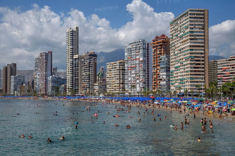 Many tourists on the beach in front of skyscrapers, Playa Levante, Benidorm, Alicante province, Costa Blanca, Spain, Europe