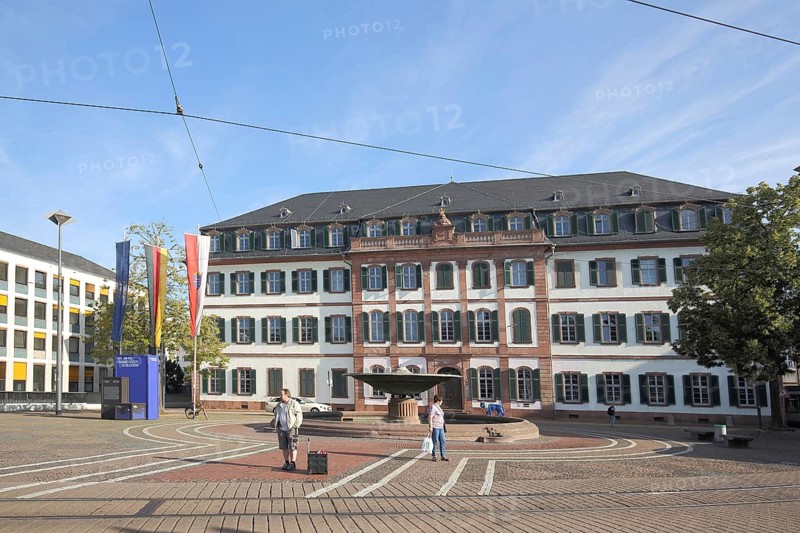 Regional Council, collegiate building built 1777 -1780 with state flag, EU flag, national flag, Hessian, German at Luisenplatz, Darmstadt, Bergstrasse, Hesse, Germany, Europe