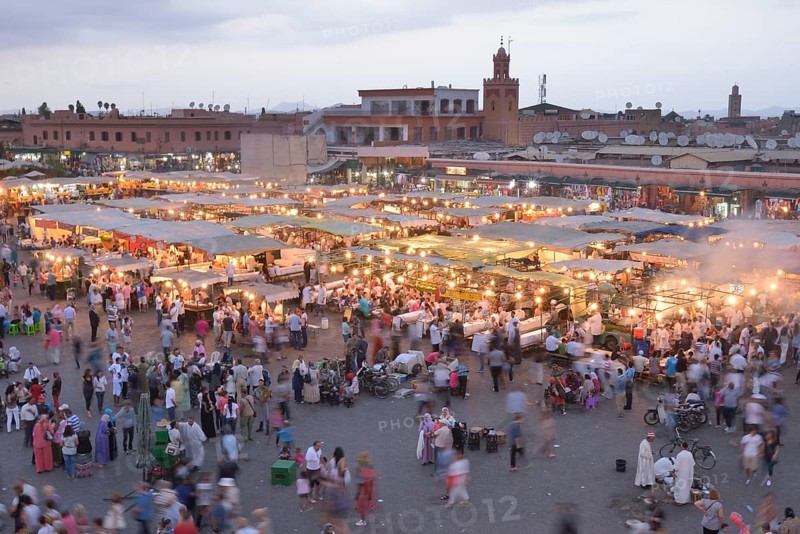 Food stalls in the Djemaa el Fna market square, Marrakesh, Marrakesh-Tensift-El Haouz region, Morocco, Africa