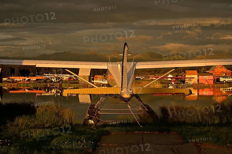 Seaplane airport overlooking Chugach mountain range, Lake Hood, Anchorage, Alaska, USA, North America