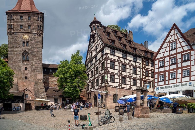 Historic Tiergärtnertorplatz with the Pilatus House and the Neutorturm, Nuremberg, Central Franconia, Bavaria, Germany, Europe