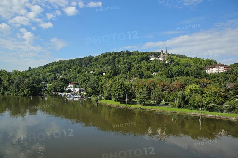 View of the Käppele pilgrimage church built by Balthasar Neumann and reflection in the Main River, Würzburg, Lower Franconia, Franconia, Bavaria, Germany, Europe