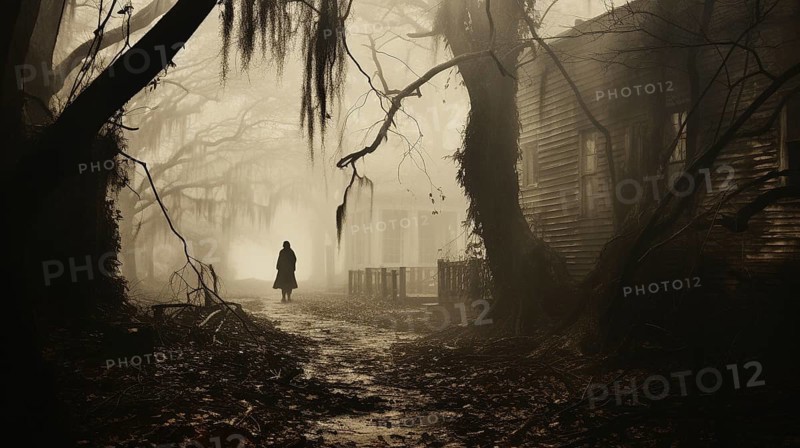 Ghostly figure silhouette standing or walking amidst the spooky halloween fog outside, generative AI