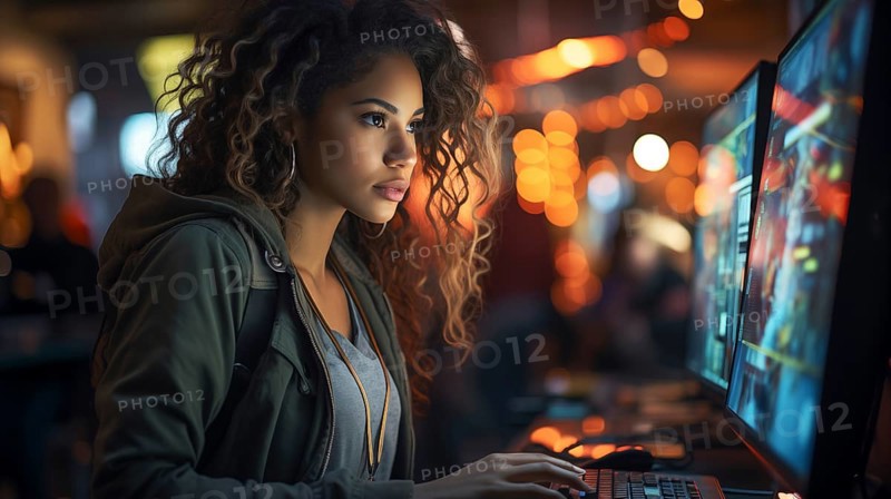 Busy young african american girl working on a computer in an office setting. generative AI