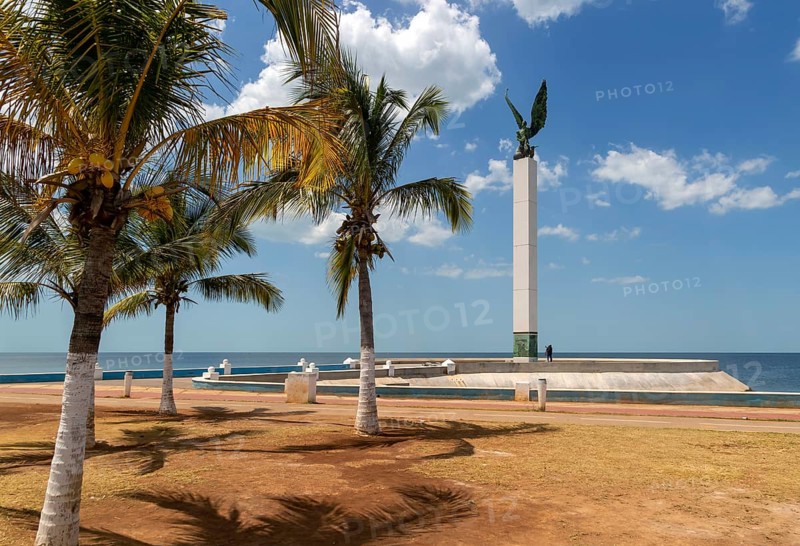 Sculpture of winged Mayan Angel on tall column, the seafront Malecon, Campeche city, Campeche State, Mexico, Central America