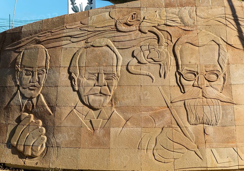 Faces of historic figures Independence monument in Barrio San Roman, Campeche city, Campeche State, Mexico, Central America
