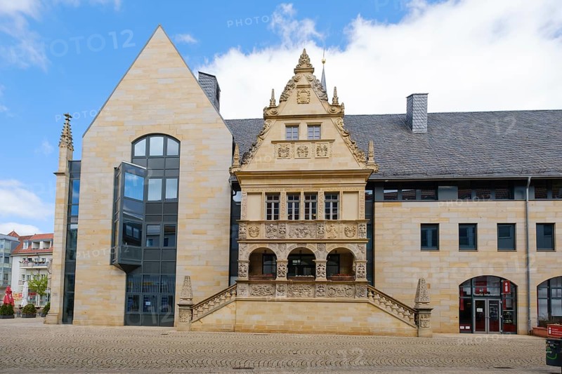 Tourist Information and Facade, City Hall, Holzmarkt, Halberstadt, Harz Mountains, Saxony-Anhalt, Germany, Europe